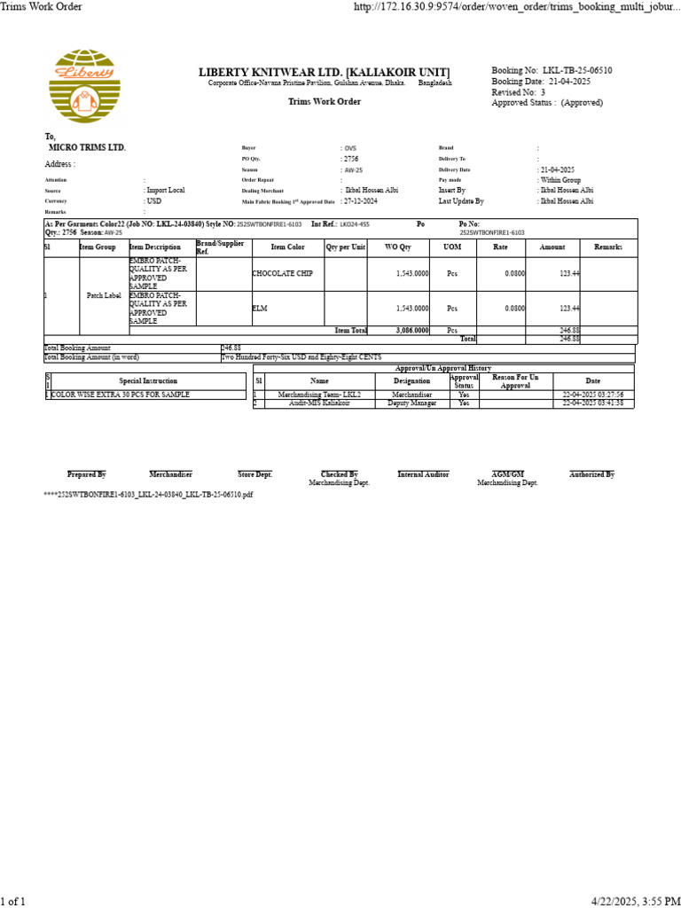 Trims Work Order for AW-25 Booking | PDF