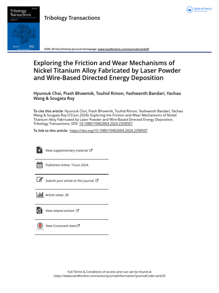 Exploring the Friction and Wear Mechanisms of Nickel Titanium Alloy ...