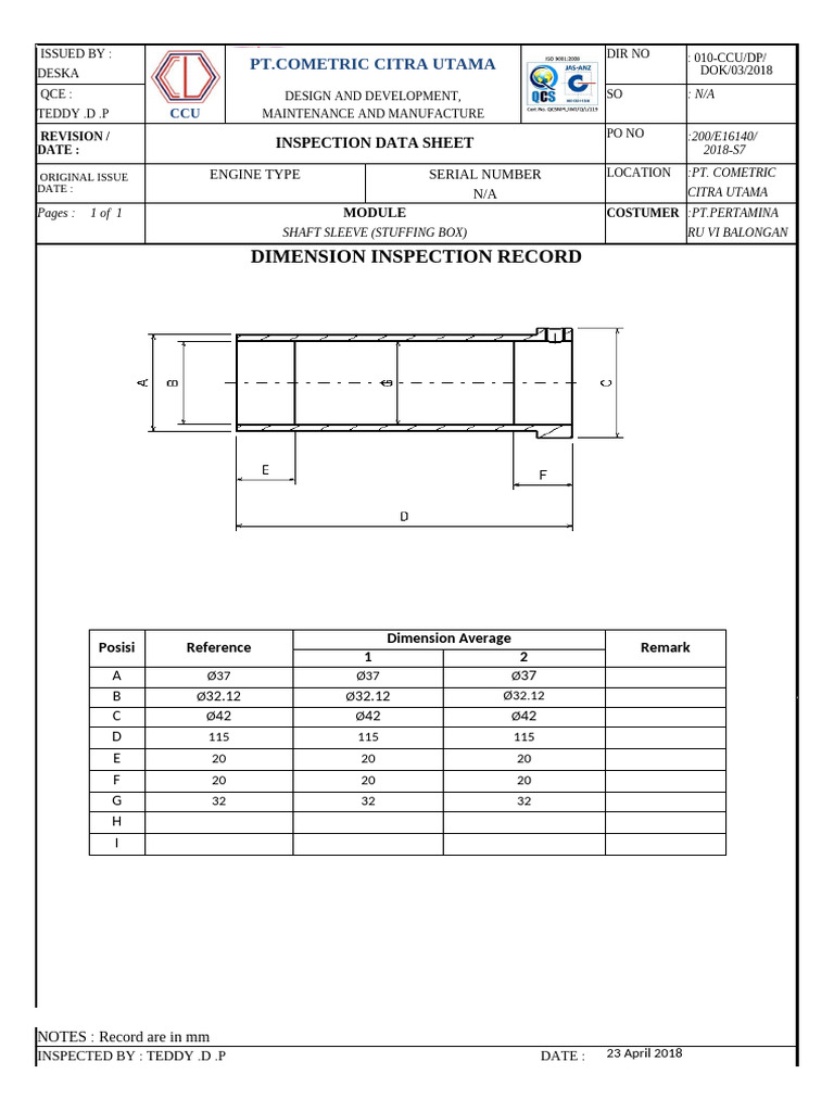 Shaft Sleeve Inspection Report | PDF