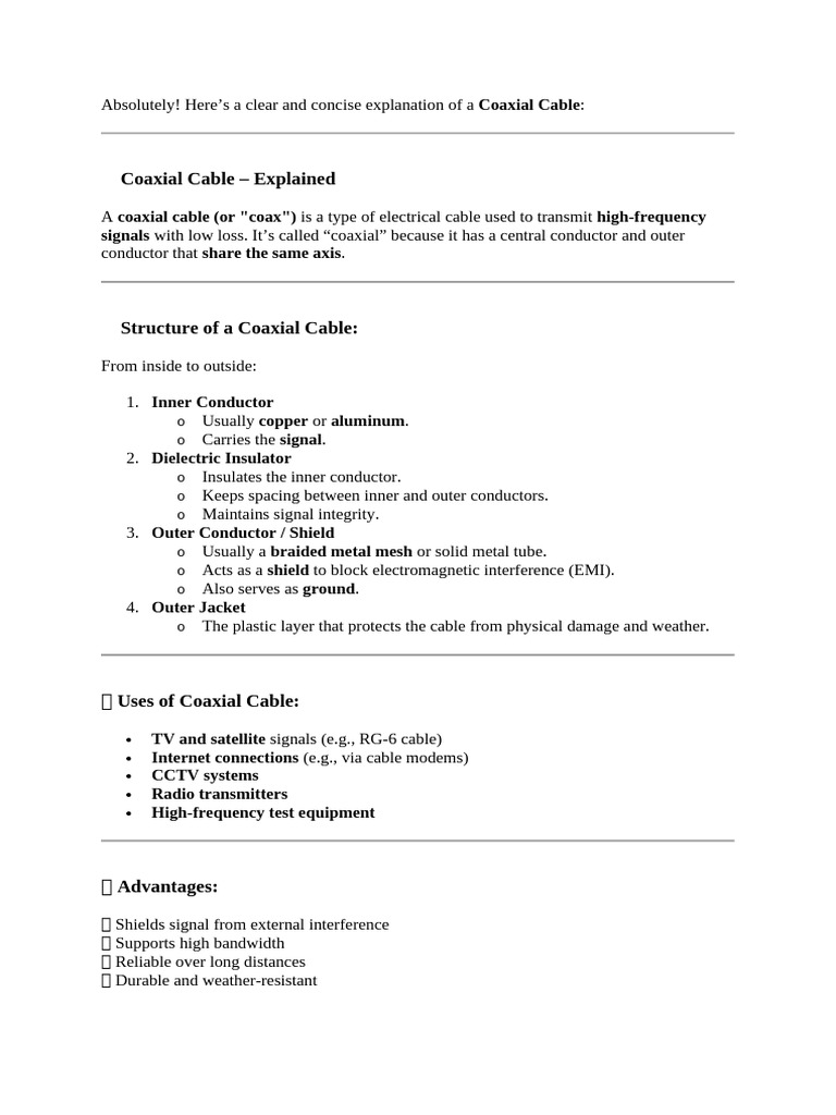 Coaxial Cable - Explained: o o o o o o o o o | PDF