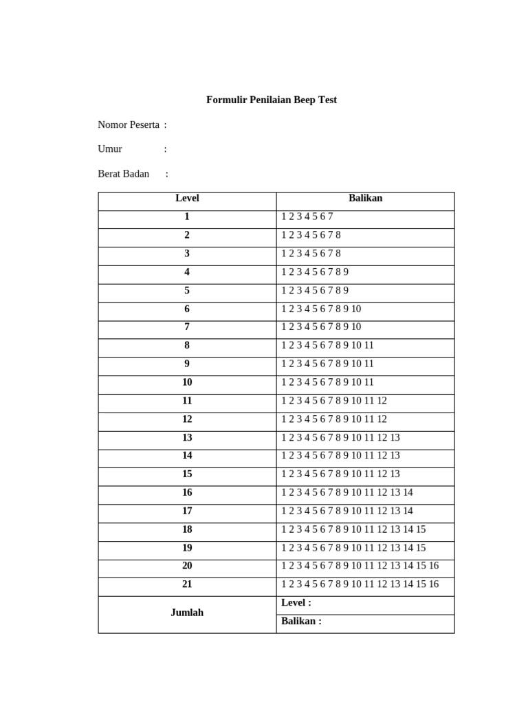 Form Penilaian Beep Test | PDF