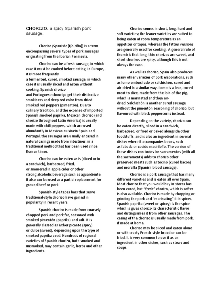 CHORIZO A Spicy Spanish Pork Sausage PDF Sausage Mediterranean