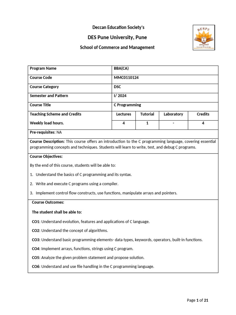 BBA(CA) First Year Course Overview | PDF | Microsoft Excel | C ...