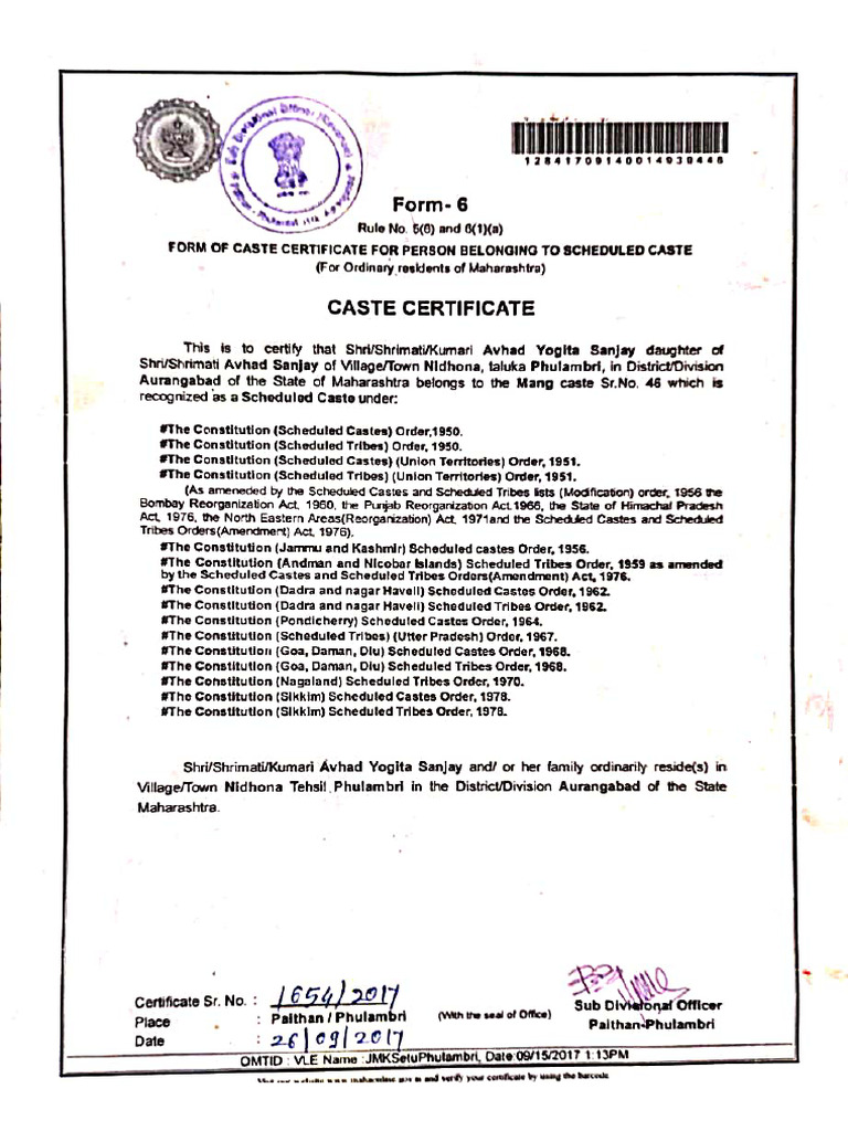 Caste Certificate for Mang Caste in Maharashtra | PDF | Government Of ...