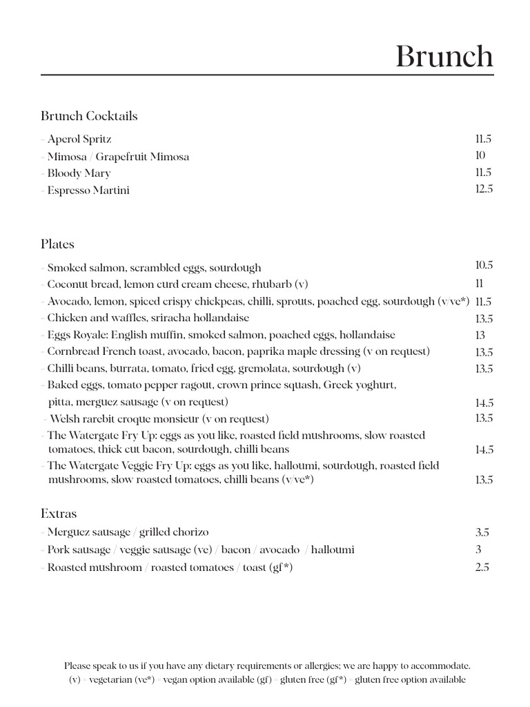 Watergate Brunch Menu Highlights | PDF | Sausage | Bacon
