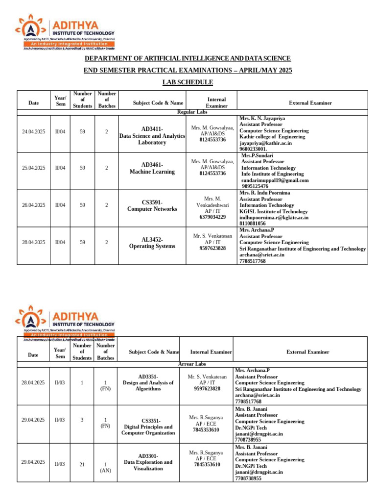 AI & Data Science Lab Exam Schedule 2025 | PDF | Computer Science ...