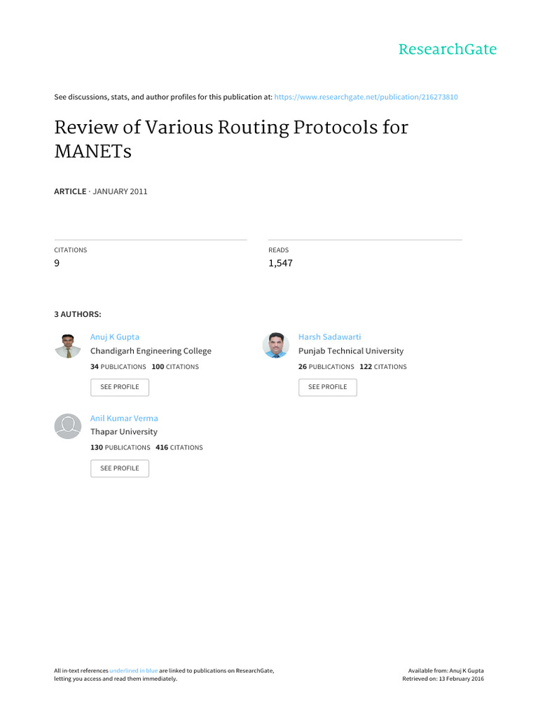 Review of Various Routing Protocols For MANETs | PDF | Routing ...