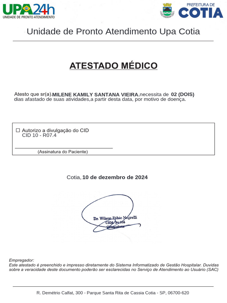 Atestado Médico com CID R07.4 | PDF