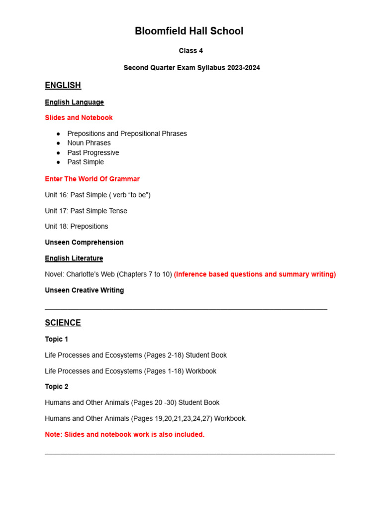 Class 4 Exam Syllabus 2023-2024 | PDF | Linguistic Morphology | Linguistics