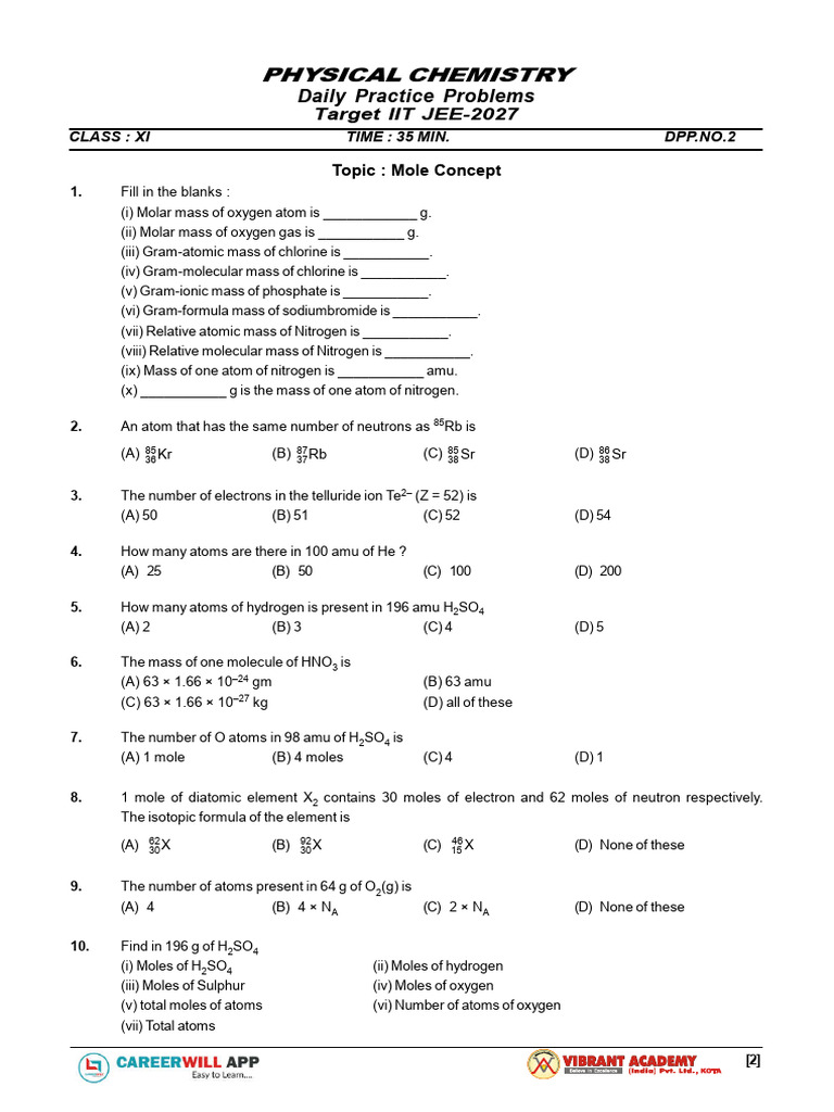 Mole Concept Practice Problems | PDF | Mole (Unit) | Atoms