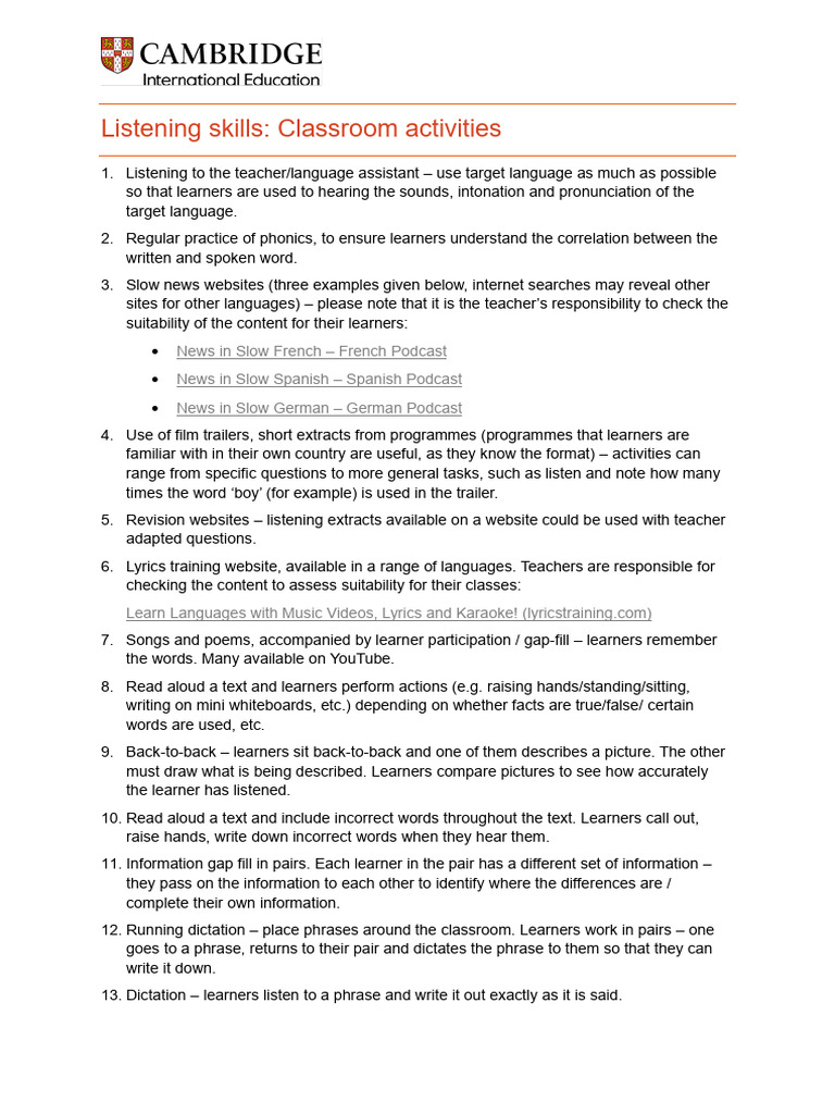 Classroom Activities for Listening Skills | PDF | Learning | Phonics