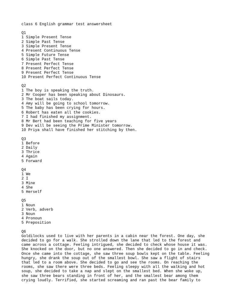 Class 6 English Grammar Test Answersheet 40 Marks Pdf