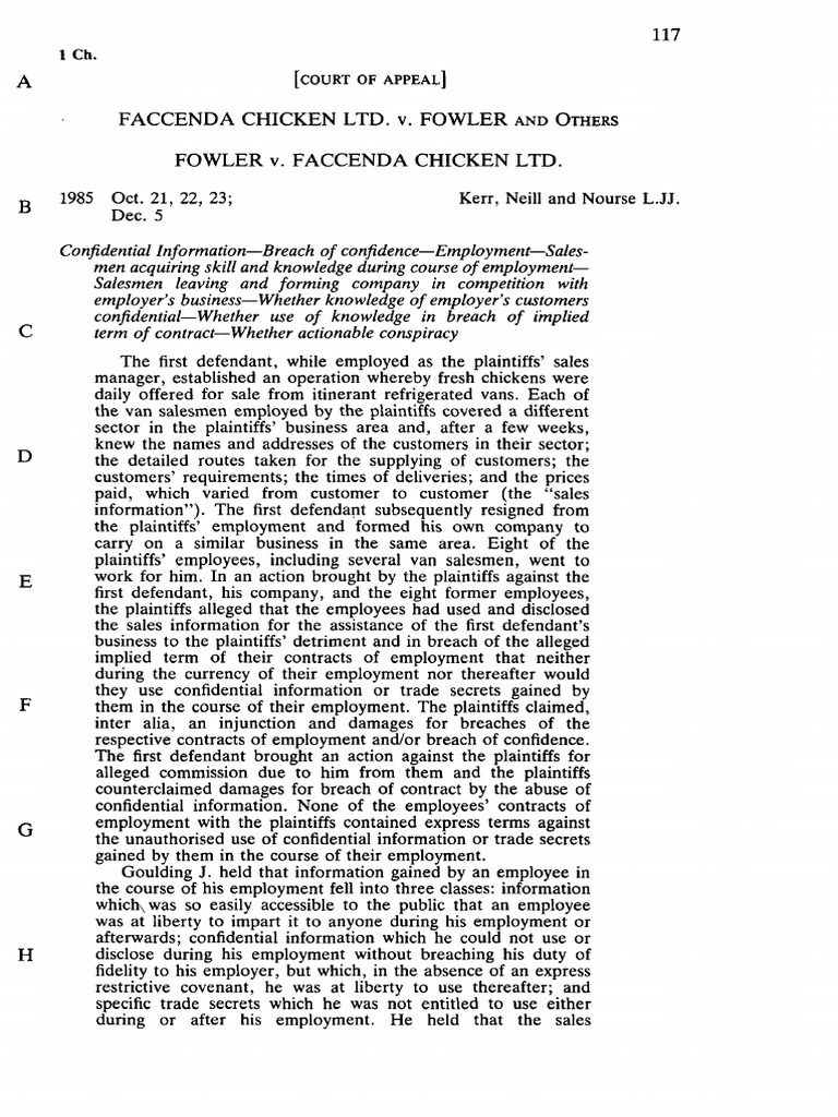 Faccenda Chicken Ltd. v. Fowler Case Summary | PDF | Trade Secret ...