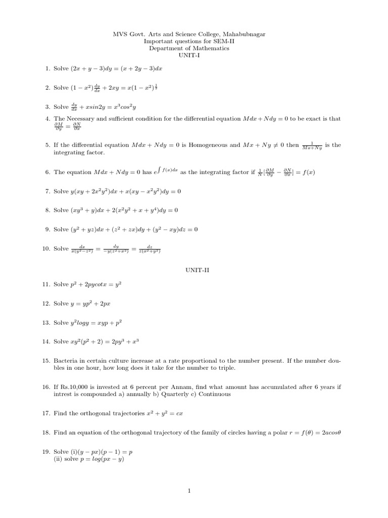 Important Maths Questions for SEM-II | PDF | Mathematics | Applied ...