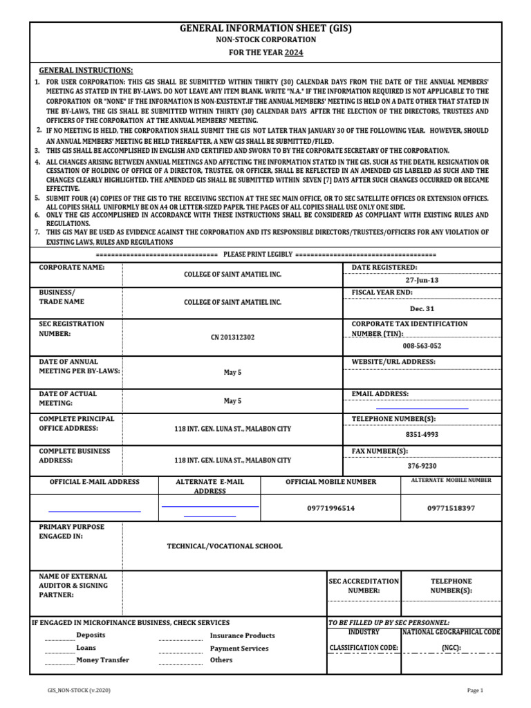 General Information Sheet 2024 - Non-Stock Corp | PDF | Board Of ...