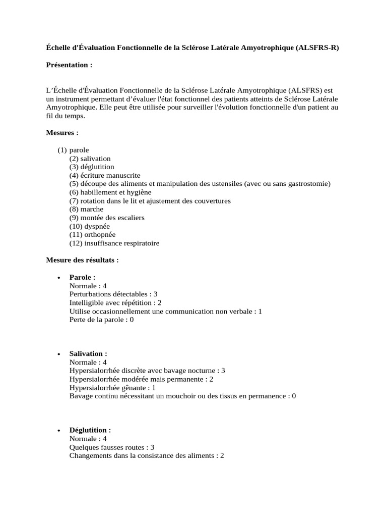 Évaluation Fonctionnelle ALSFRS-R | PDF