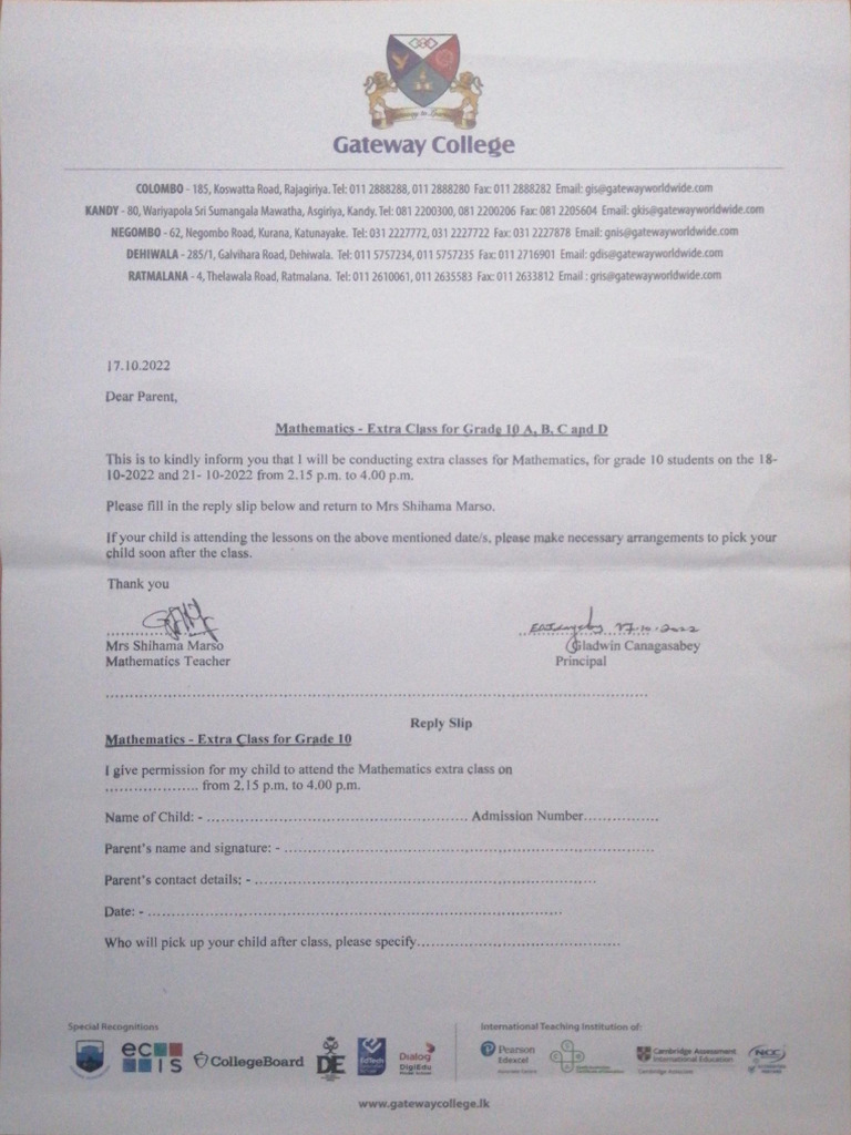 Mathematics Extra Class Letter | PDF