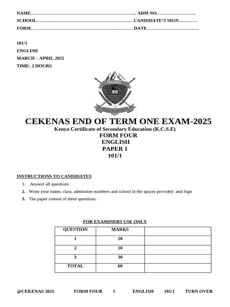 KCSE 2025 English Paper 1 Overview | PDF
