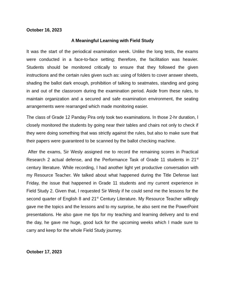 Field Study Reflections and Growth | PDF | Teachers | Classroom