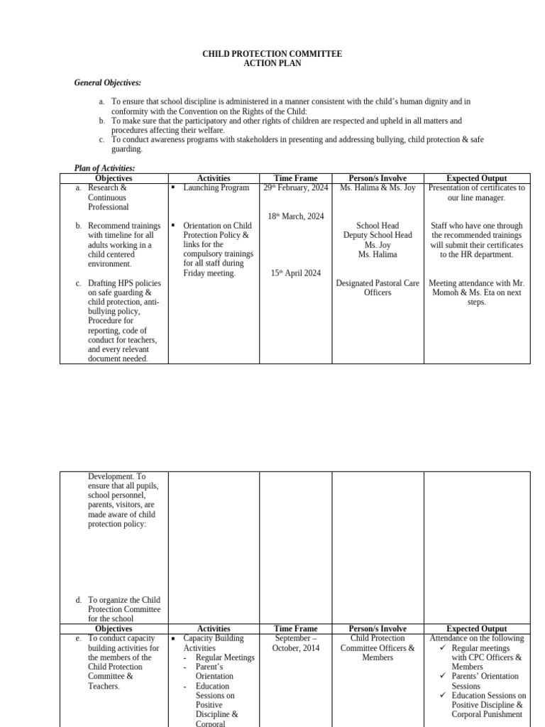 CHILD PROTECTION ACTION PLAN | PDF | Teachers | Children's Rights