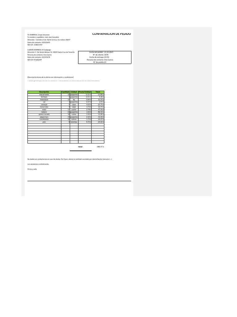 Confirmación de Pedido y Factura Jesuman | PDF
