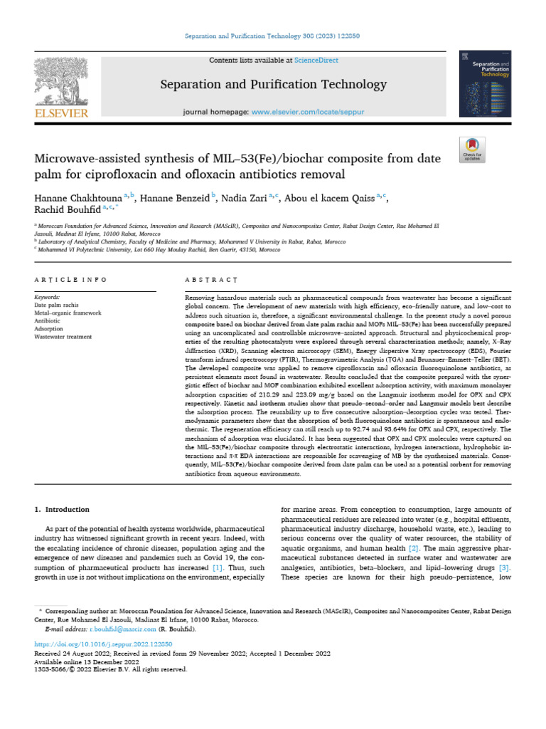 Microwave Synthesis of MIL-53(Fe)/Biochar Composite | PDF | Adsorption ...
