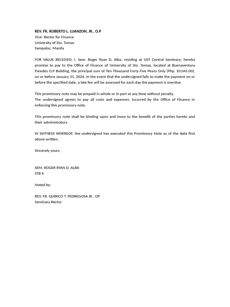UST Promissory Note by Sem. Alba | PDF