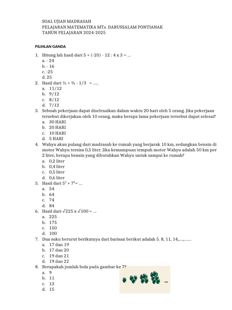 Soal Ujian Matematika MTs 2024-2025 | PDF