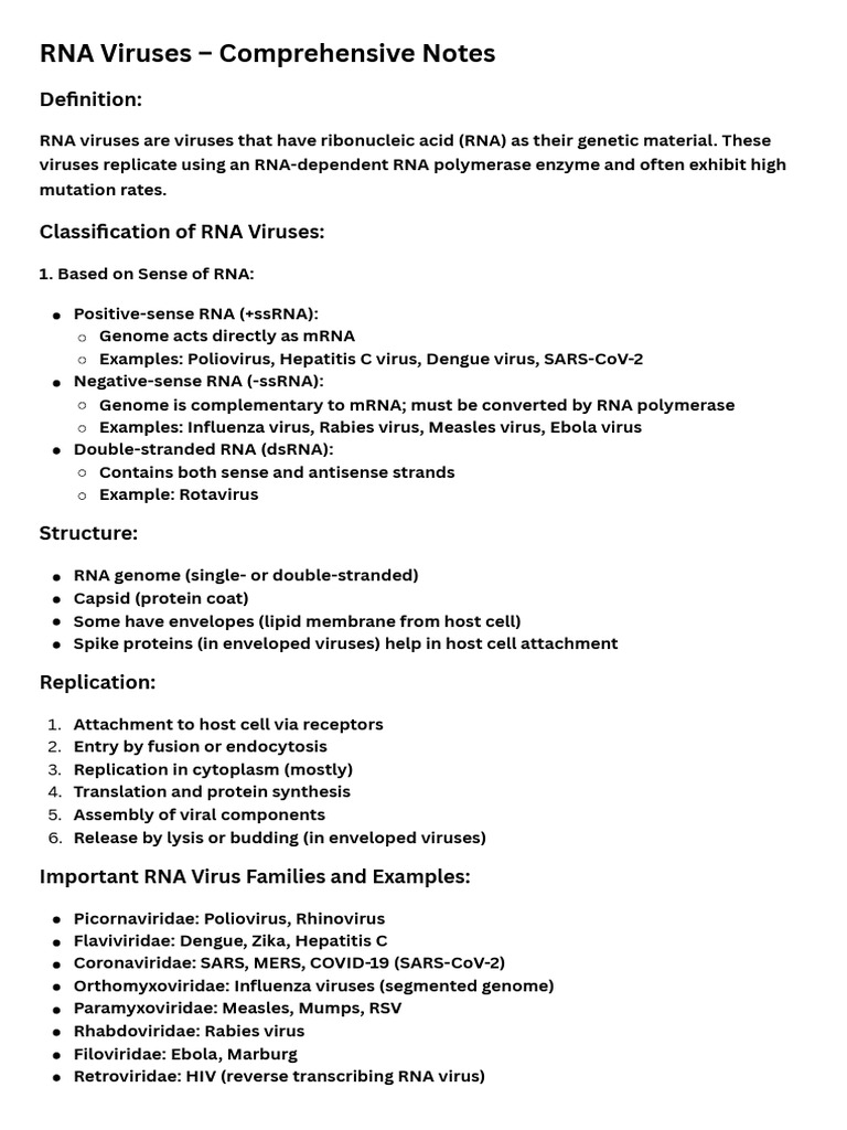 RNA Viruses - Comprehensive Notes | PDF | Virus | Rna