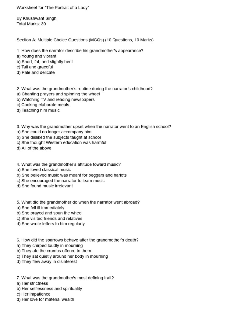 Worksheet For - The Portrait of A Lady | PDF