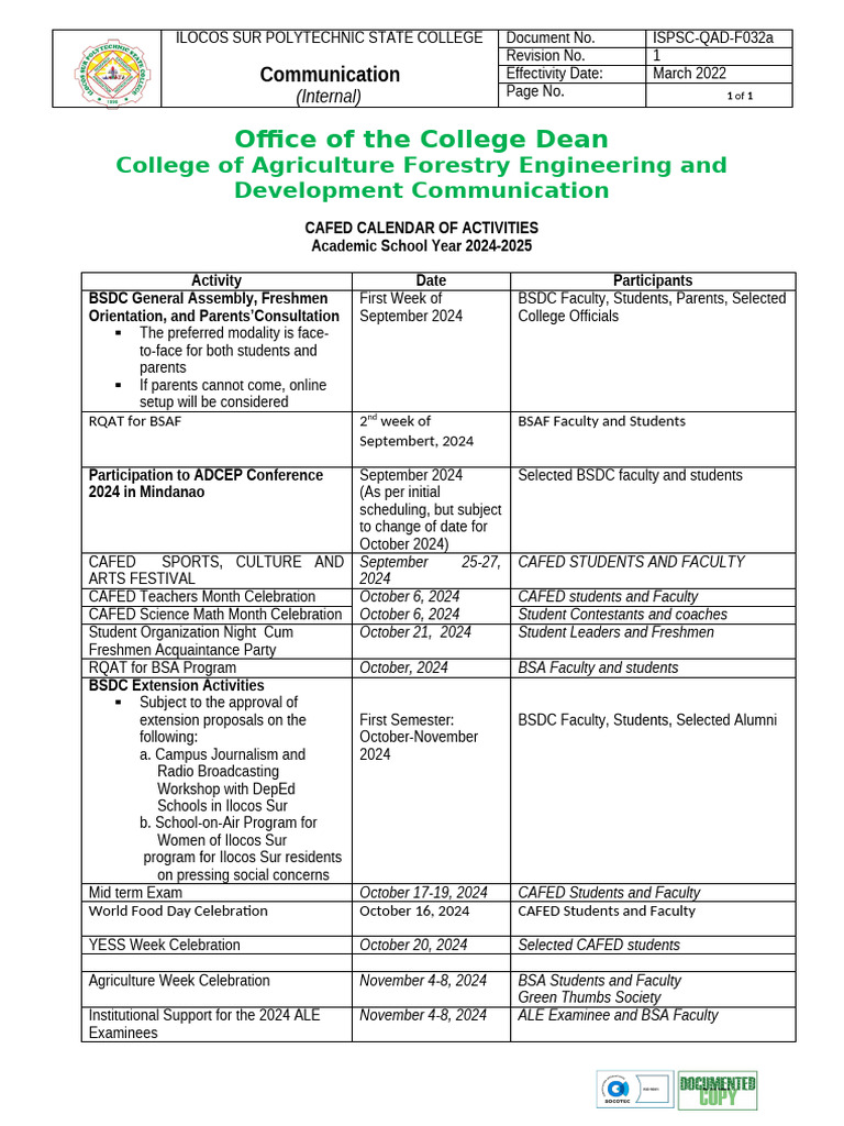 Cafed Calendar of Activitie 2024-2025 | PDF | Thesis | Academia
