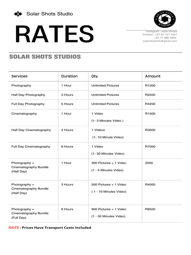 Solar Shots Studio Pricing Guide | PDF