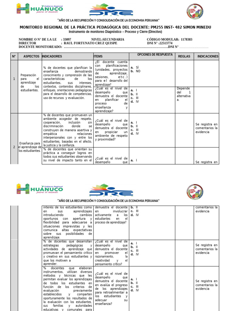 Ficha de Monitoreo Docente 2023 | PDF | Enseñando | Maestros