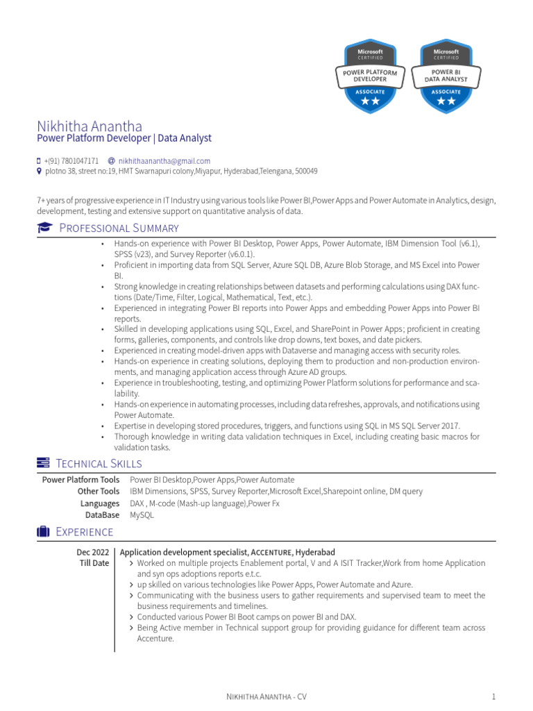 Power Platform Developer Resume | PDF | Spss | Databases