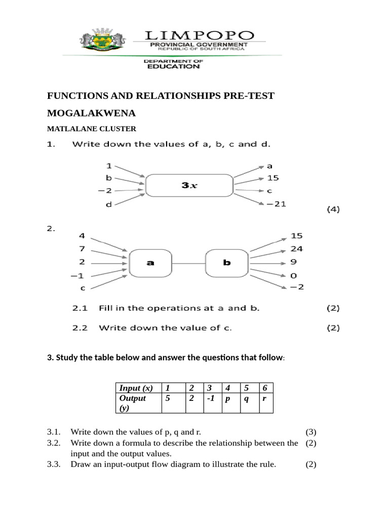 Pre-Test on Function Relationships | PDF
