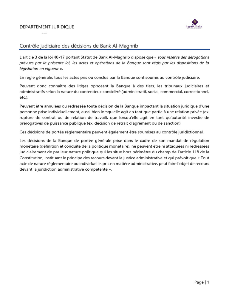 Contrôle judiciaire des décisions de Bank Al-Maghrib | PDF