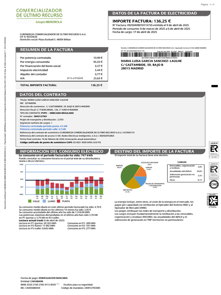 Factura de Electricidad: Detalles y Costos | PDF | Energía renovable ...