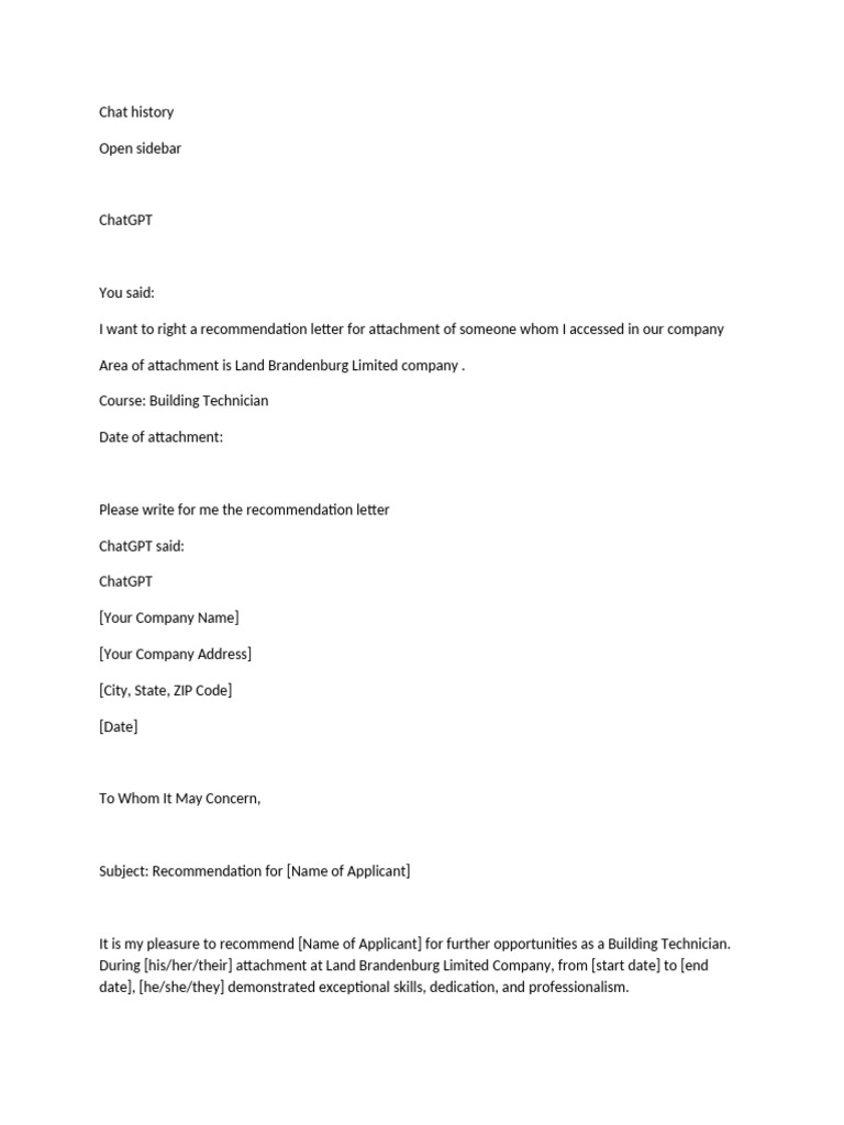 Recommendation Letter for Building Technician | PDF