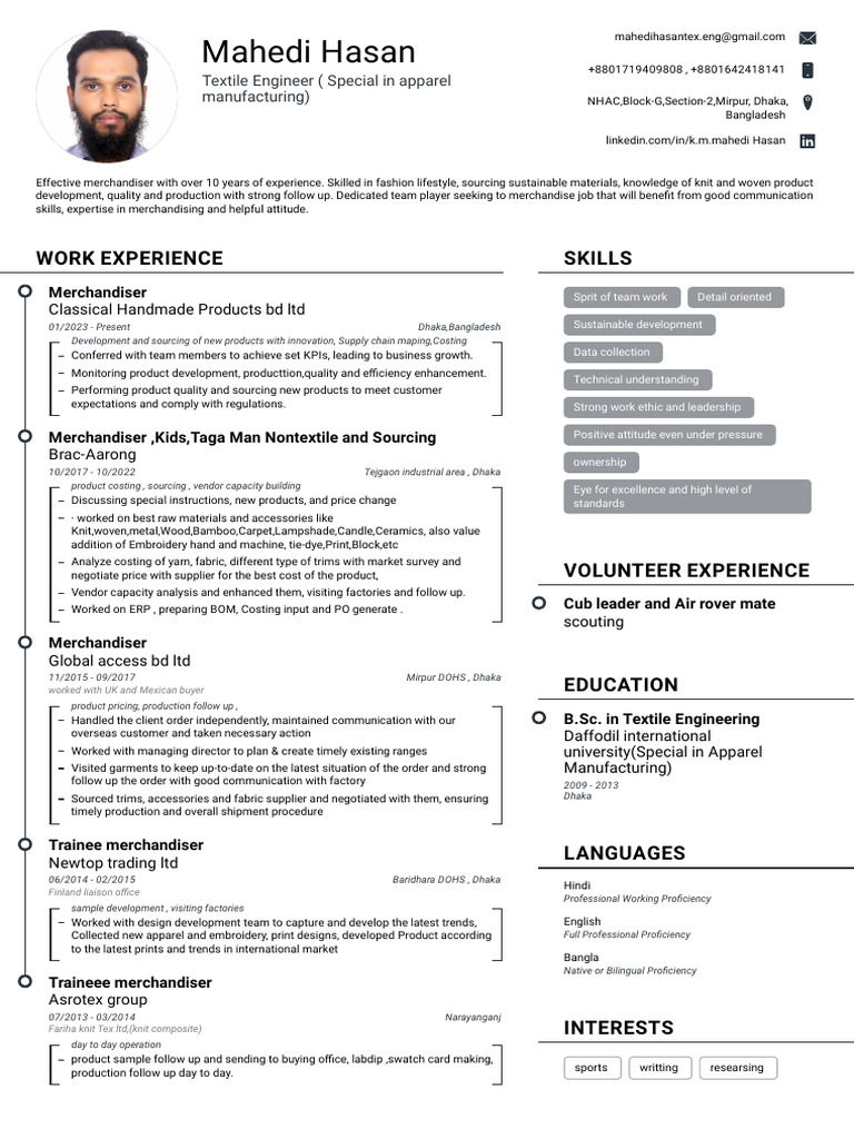Textile Engineer CV for Bangladesh | PDF | Textiles | Business