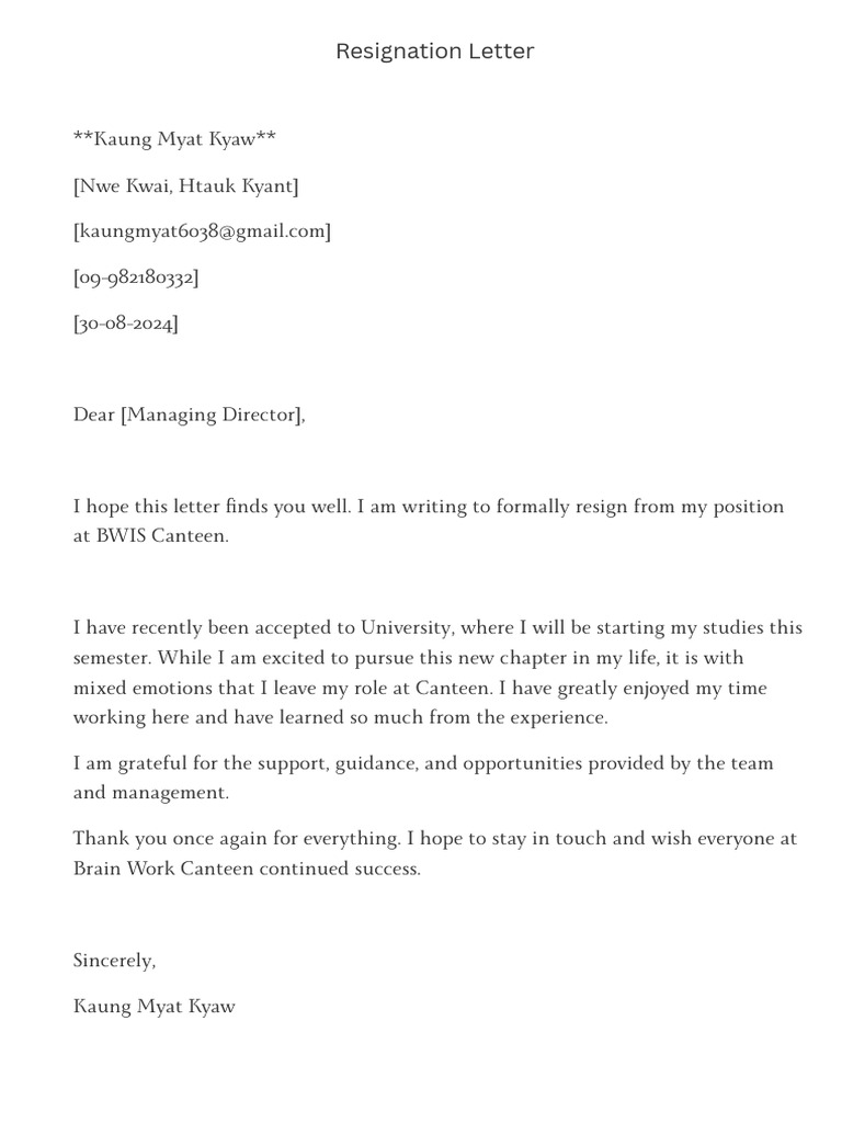 Resignation Letter from BWIS Canteen | PDF