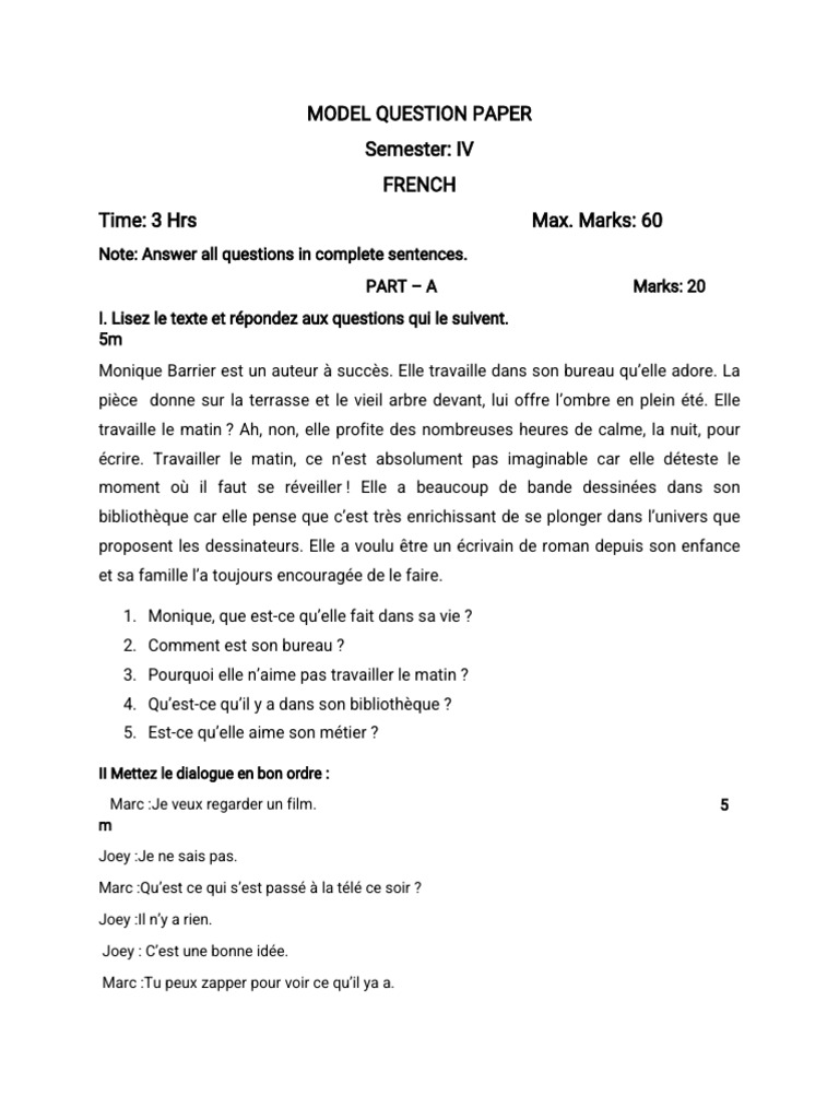 FRENCH MODEL QUESTION PAPER IV Sem | PDF