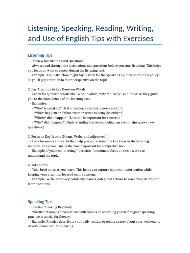 Listening Speaking Reading Writing Tips With Exercises | PDF | English ...