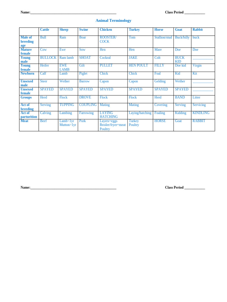 SPECIES TERMINOLOGY CHART visual data 7