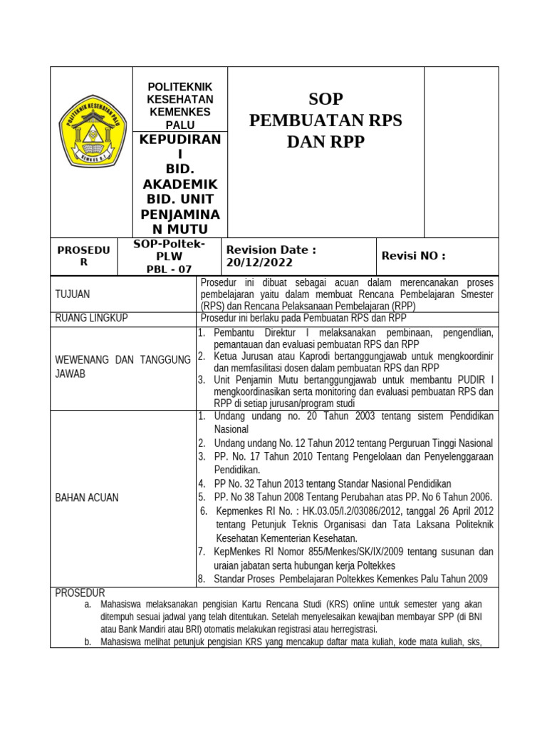 SOP Pembuatan RPS dan RPP Poltekkes Palu | PDF