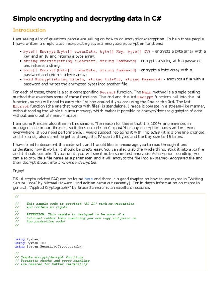 Simple en Crypt Ing and Decrypting Data in C# | PDF | Key (Cryptography ...
