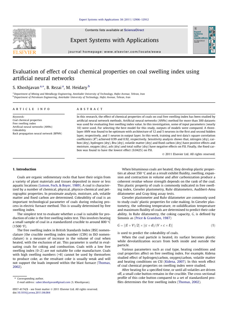 Evaluation of Effect of Coal Chemical Properties On Coal Swelling Index ...