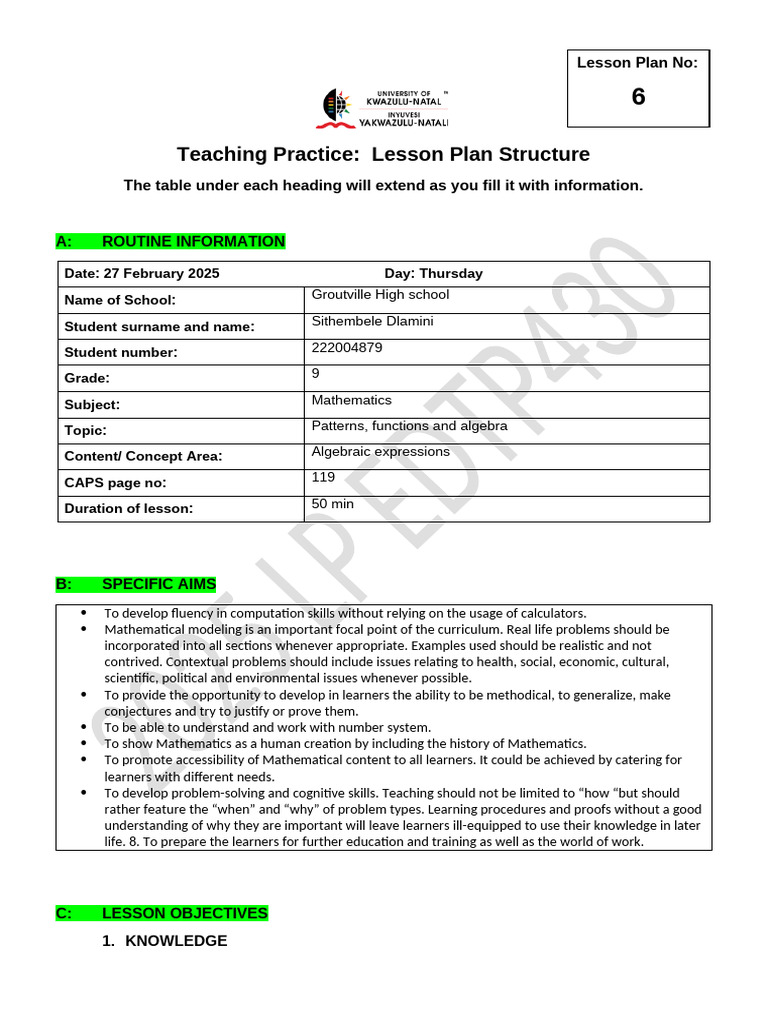 Grade 9 Math Lesson Plan: Algebra | PDF | Mathematics | Learning