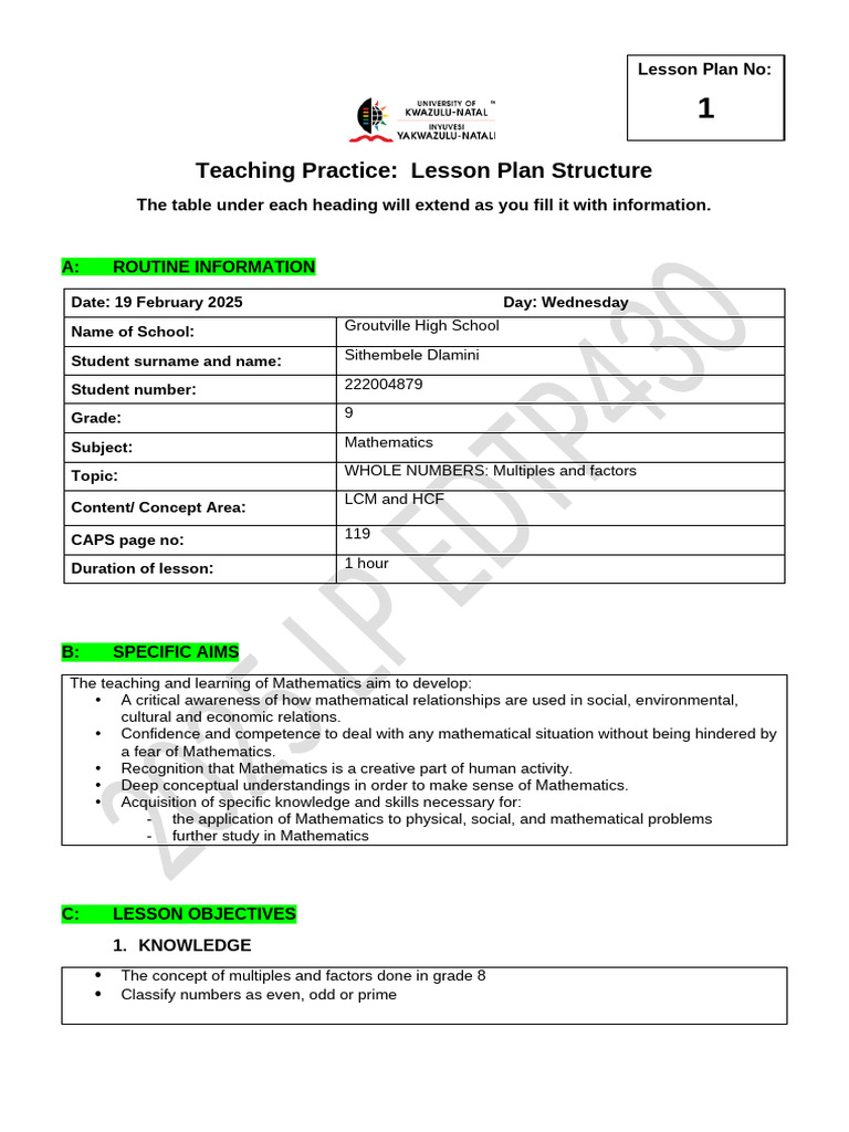 Lesson Plan for LCM and HCF in Math | PDF | Lesson Plan | Learning