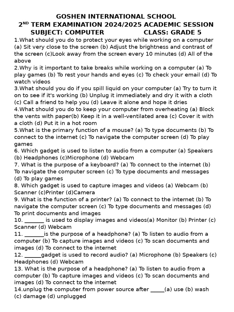 Grade 5 Computer Exam Questions 2024 | PDF | Image Scanner | Video