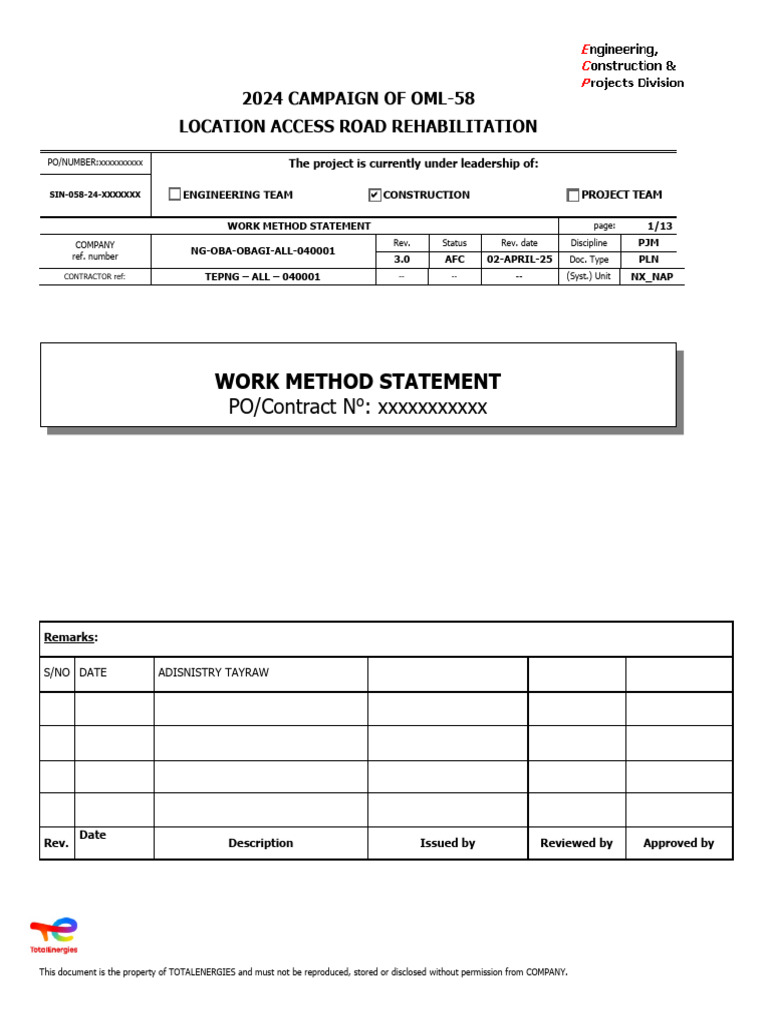 OML-58 Access Road Rehab Method Statement | PDF | Concrete | Road